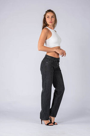 Wakee Denim (By Lily) Mid Waist Wide Leg Jean Pant - Black Wash - The Zebra Effect