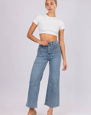 Wakee Denim Flare Wide Leg Ladies Jean - Blue Wash 7063