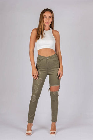 
                
                    Load image into Gallery viewer, Wakee Denim Jeans Wakee Denim Jean Distressed Rip Skinny Leg - Olive Dream
                
            