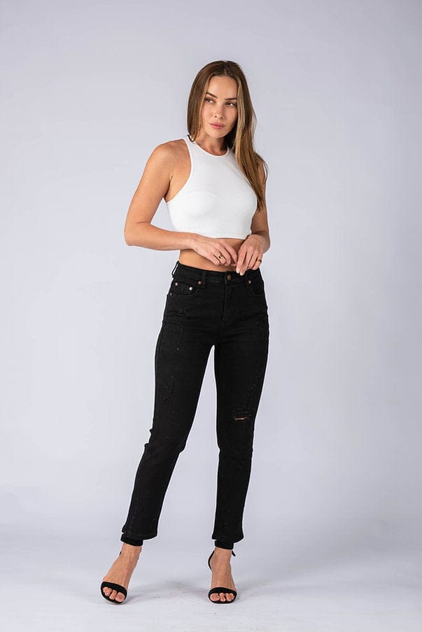 
                
                    Load image into Gallery viewer, Wakee Denim Straight Leg Jean Wakee Denim Jean Straight Leg Distressed High Rise - Black Night
                
            