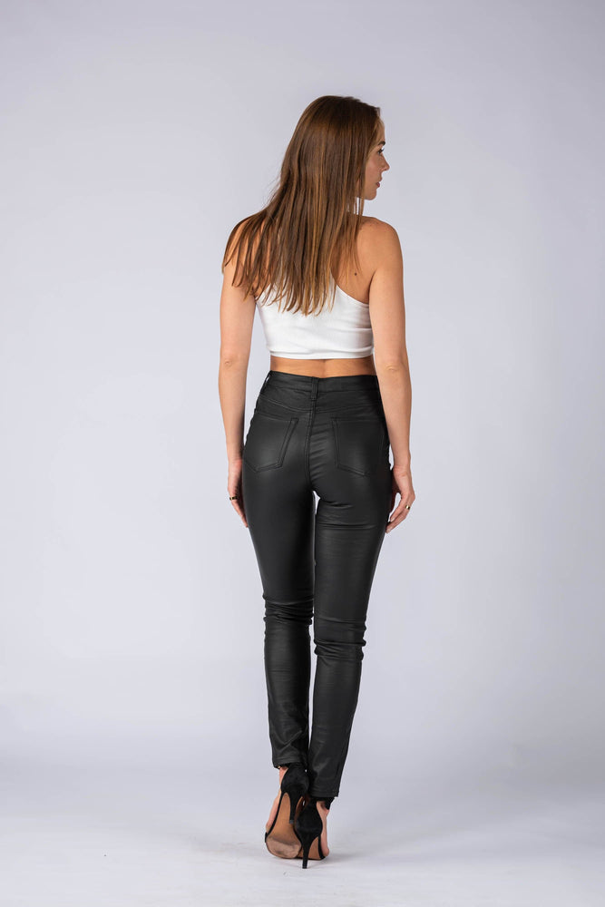 Wakee Denim Leather Look Coated Black Jeans - Trendy Fashion