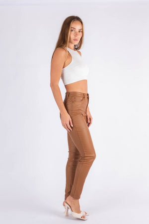 Wakee Denim Coated Wet Look Ladies Jean Pant Wakee Denim Leather Look Coated Jean - Tan