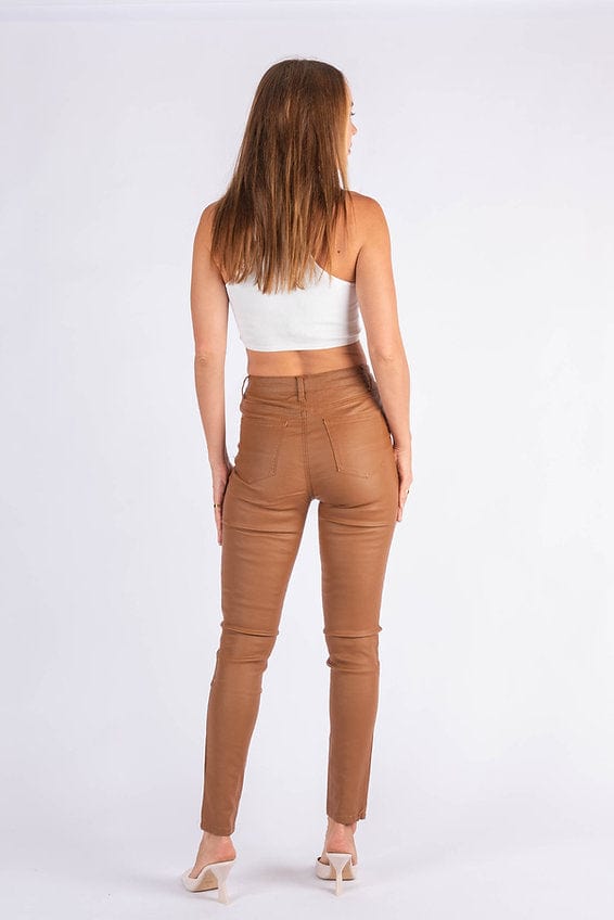 Wakee Denim Coated Wet Look Ladies Jean Pant Wakee Denim Leather Look Coated Jean - Tan