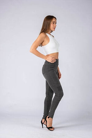 Wakee Denim Stretch Panel Biker Jean Skinny Leg - Blue, Navy, Black, Grey, Wet Look 6 Grey