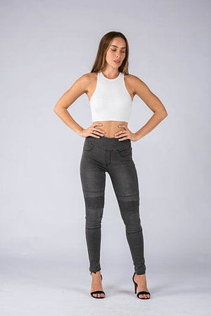 Wakee Stretch Panel Biker Jean Skinny Leg - Charcoal 3027 - The Zebra Effect